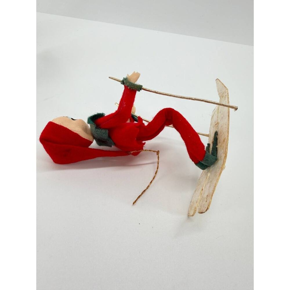 Vintage Christmas Elf Pixie Skier Dolls Plastic Felt Ski Holiday Decor Set - Picture 7 of 10